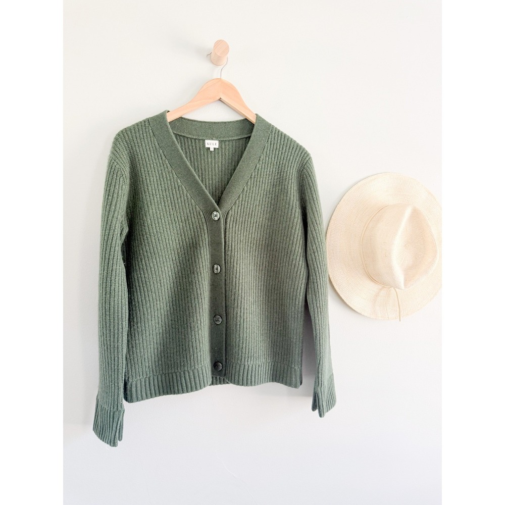 KULE | The Russell Wool Cashmere Ribbed Cardigan Forest Green | Sz XS
